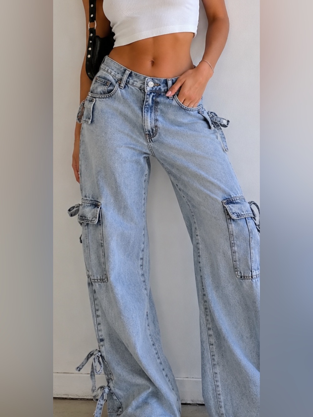Disclosure Light Wash Cargo Bow Wide Leg Jeans Y2K Grunge 3/26